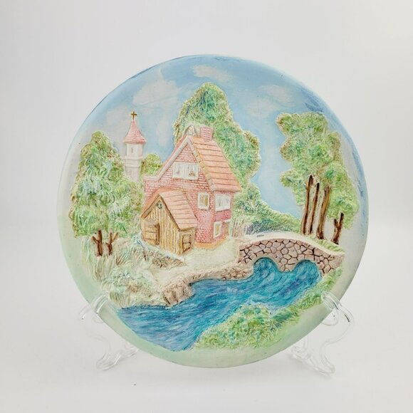Vintage Chalkware Hand-Painted Ceramic 3D Wall Plate Cottage on River & Bridge - Picture 1 of 9